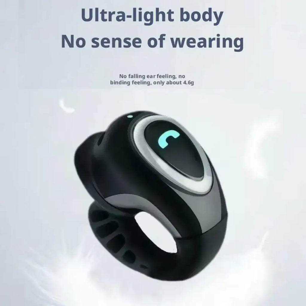 Black and silver open ear clip on wireless bluetooth earbuds with sleek ergonomic design and glowing blue call icon