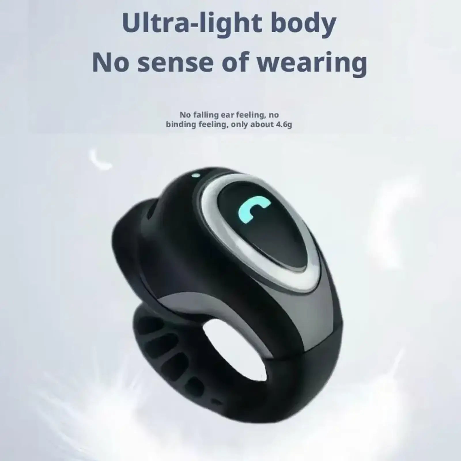 Black and silver open ear clip on wireless bluetooth earbuds with sleek ergonomic design and glowing blue call icon