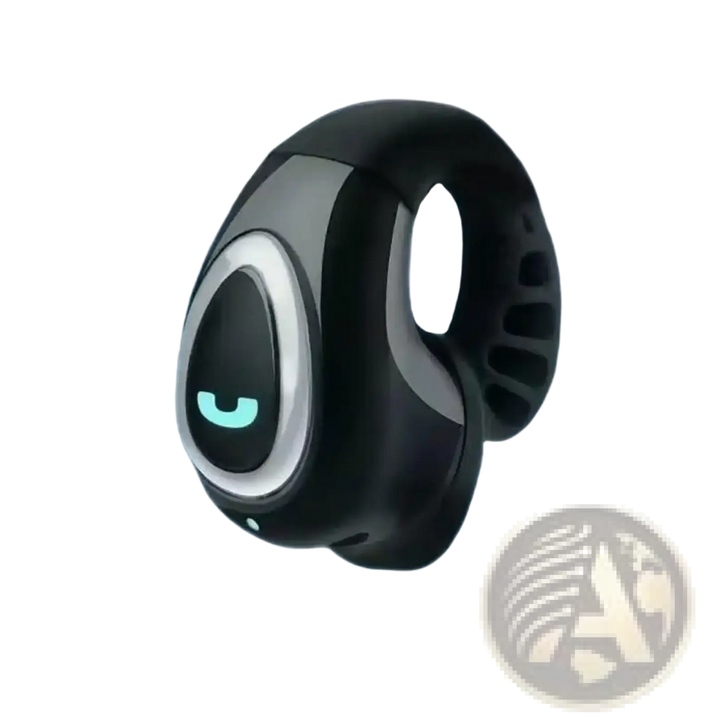 Black and silver open ear clip on wireless bluetooth earbuds with glowing teal led display for hands free use