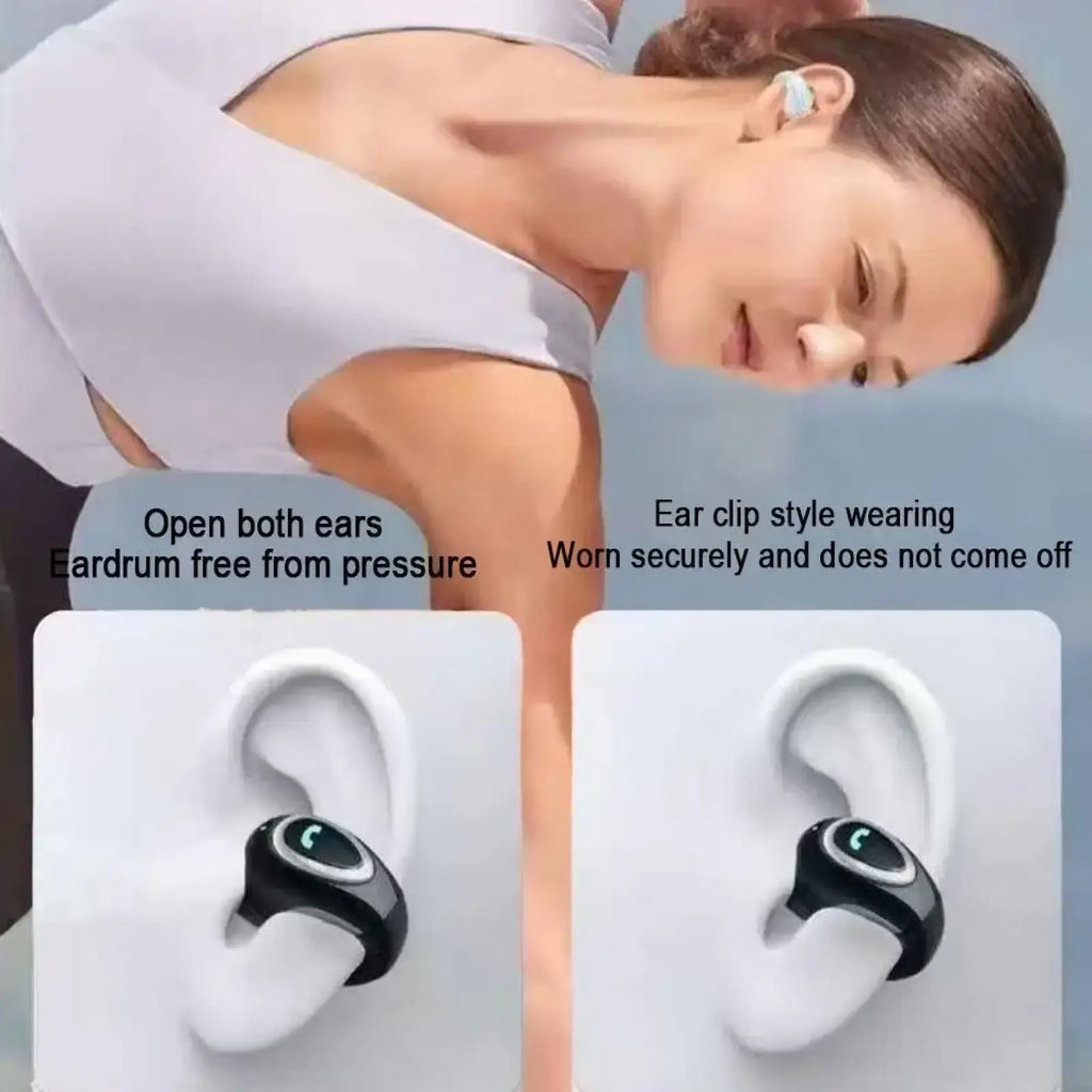 Open ear clip on wireless Bluetooth earbud in black with silver accent and glowing green light on the front