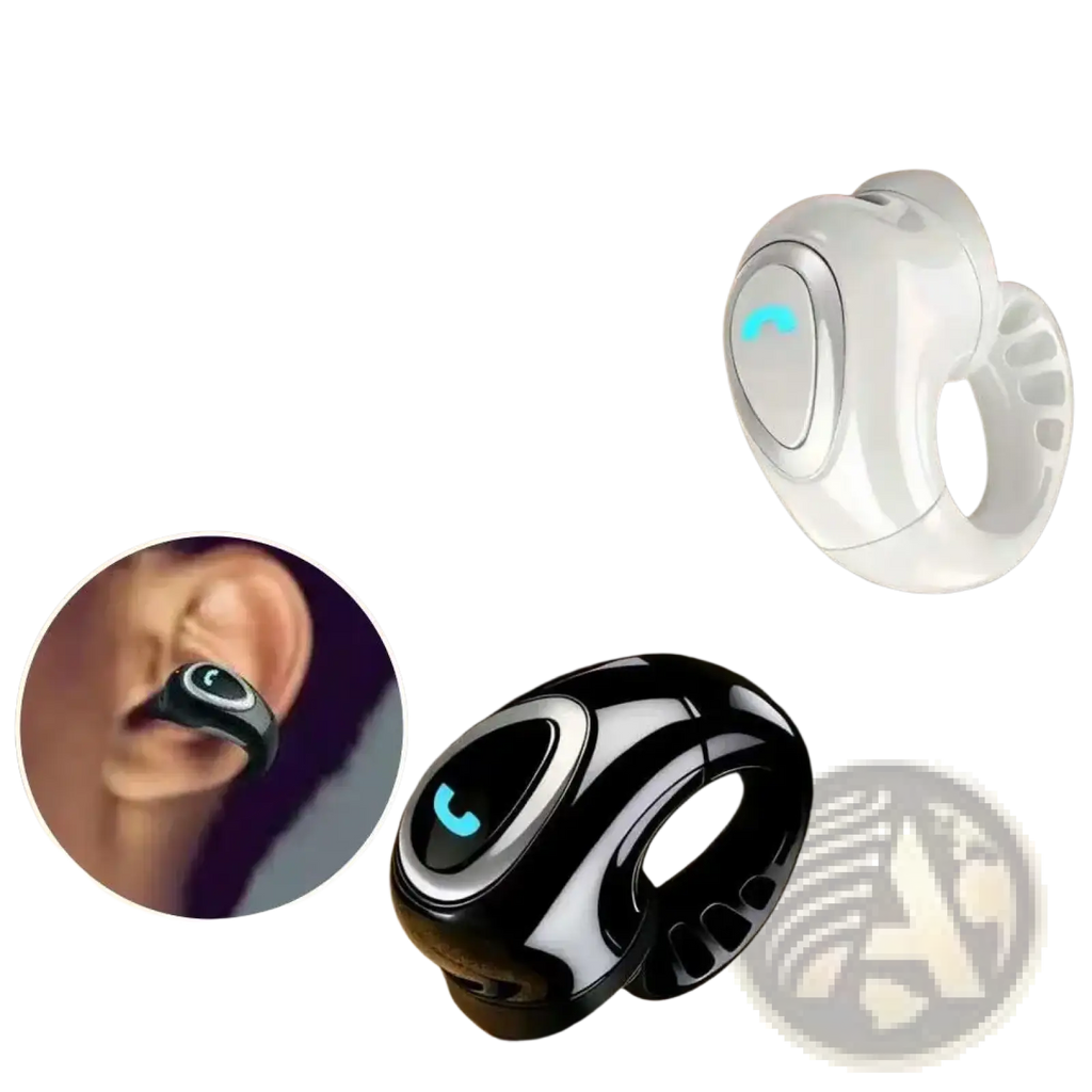 White and black open ear clip on wireless bluetooth earbuds with sleek ring design and glowing blue call icon on front