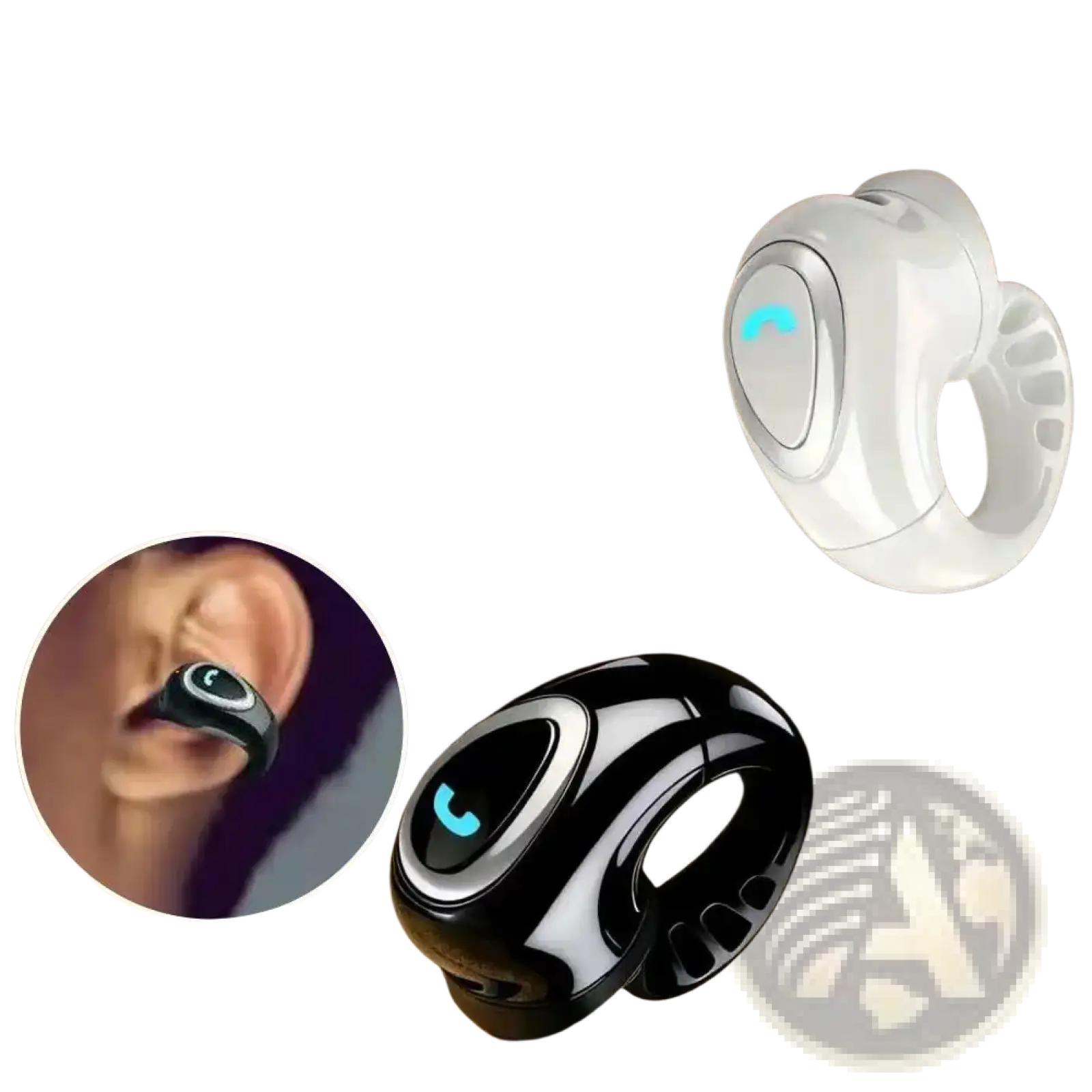 White and black open ear clip on wireless bluetooth earbuds with sleek ring design and glowing blue call icon on front