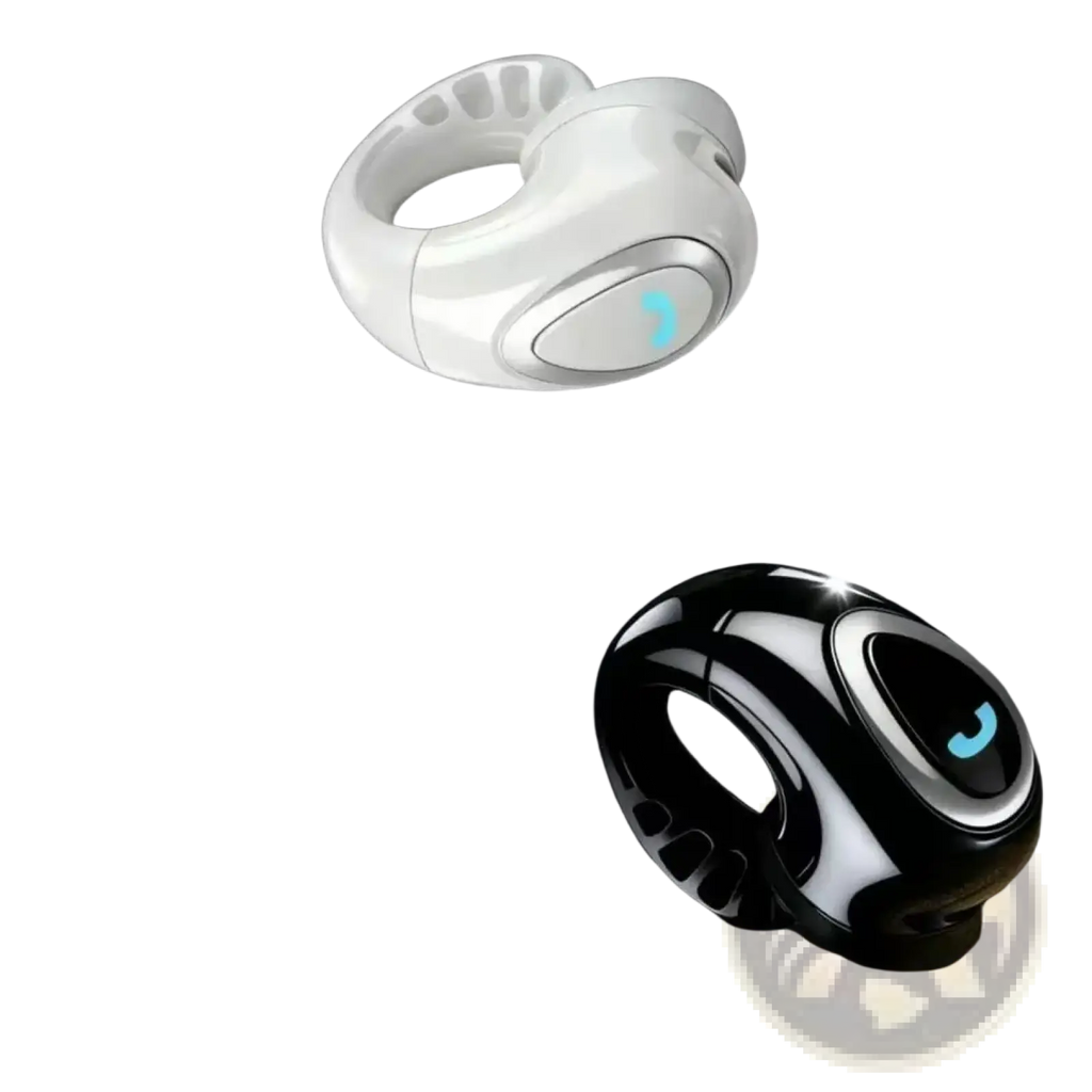 White and black open ear clip on wireless bluetooth earbuds with sleek ergonomic design and glowing blue button