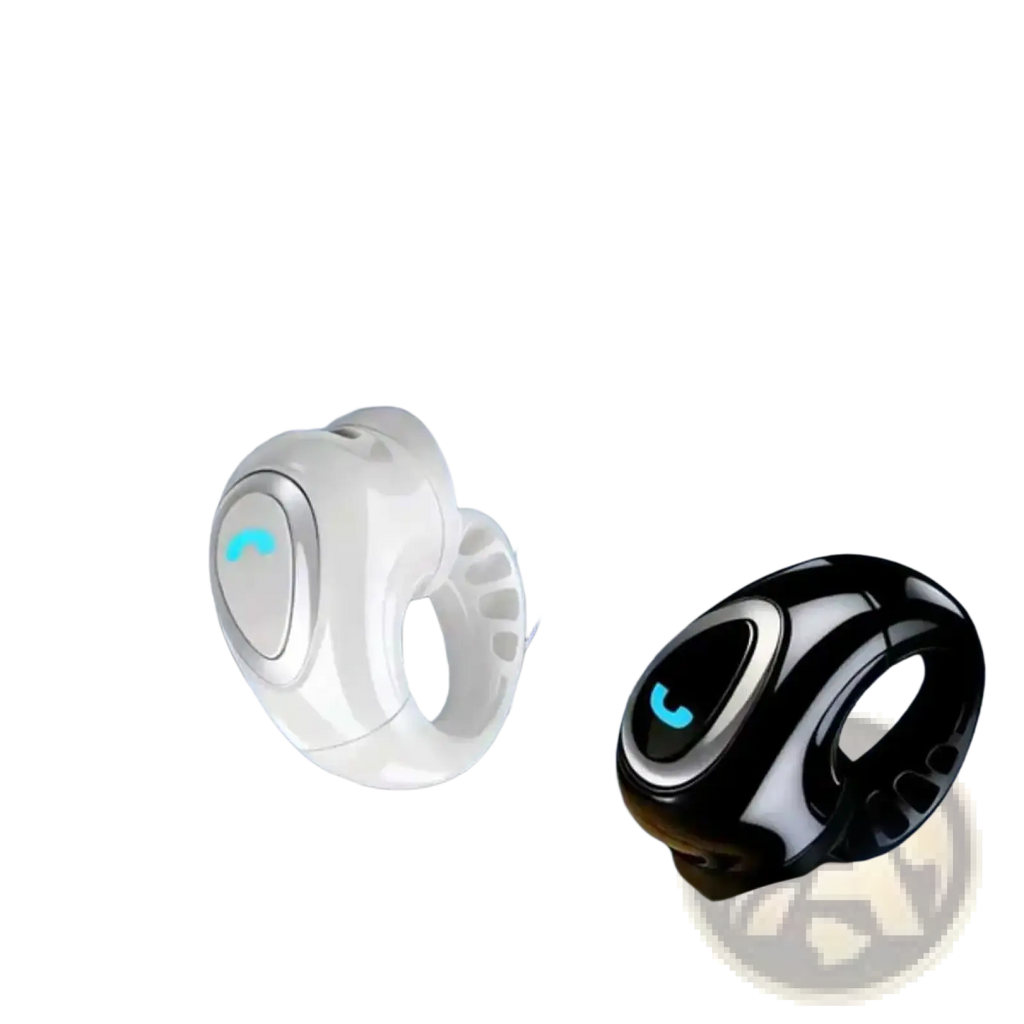 Open ear clip on wireless bluetooth earbuds in white and black with ergonomic design and glowing blue indicator lights