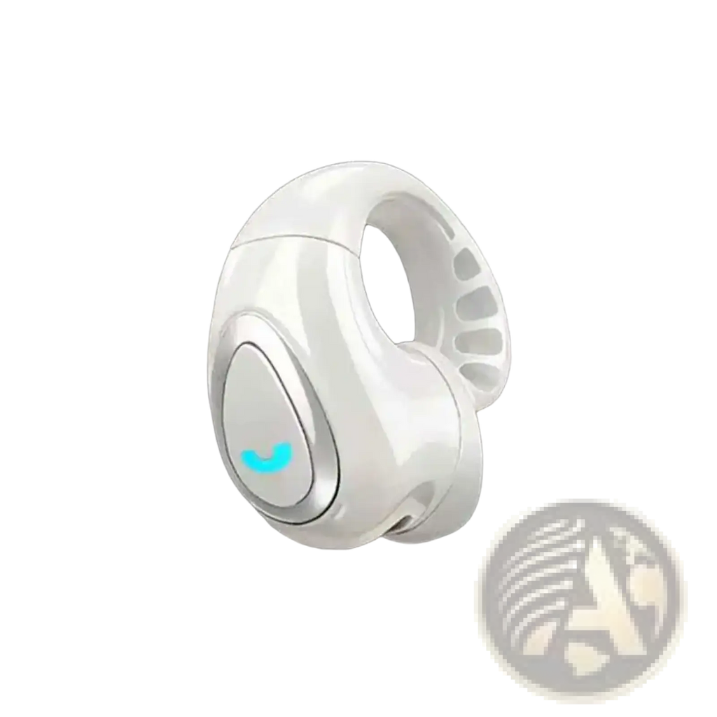 White open ear clip on wireless bluetooth earbud with sleek ergonomic design and glowing blue call icon on touch button