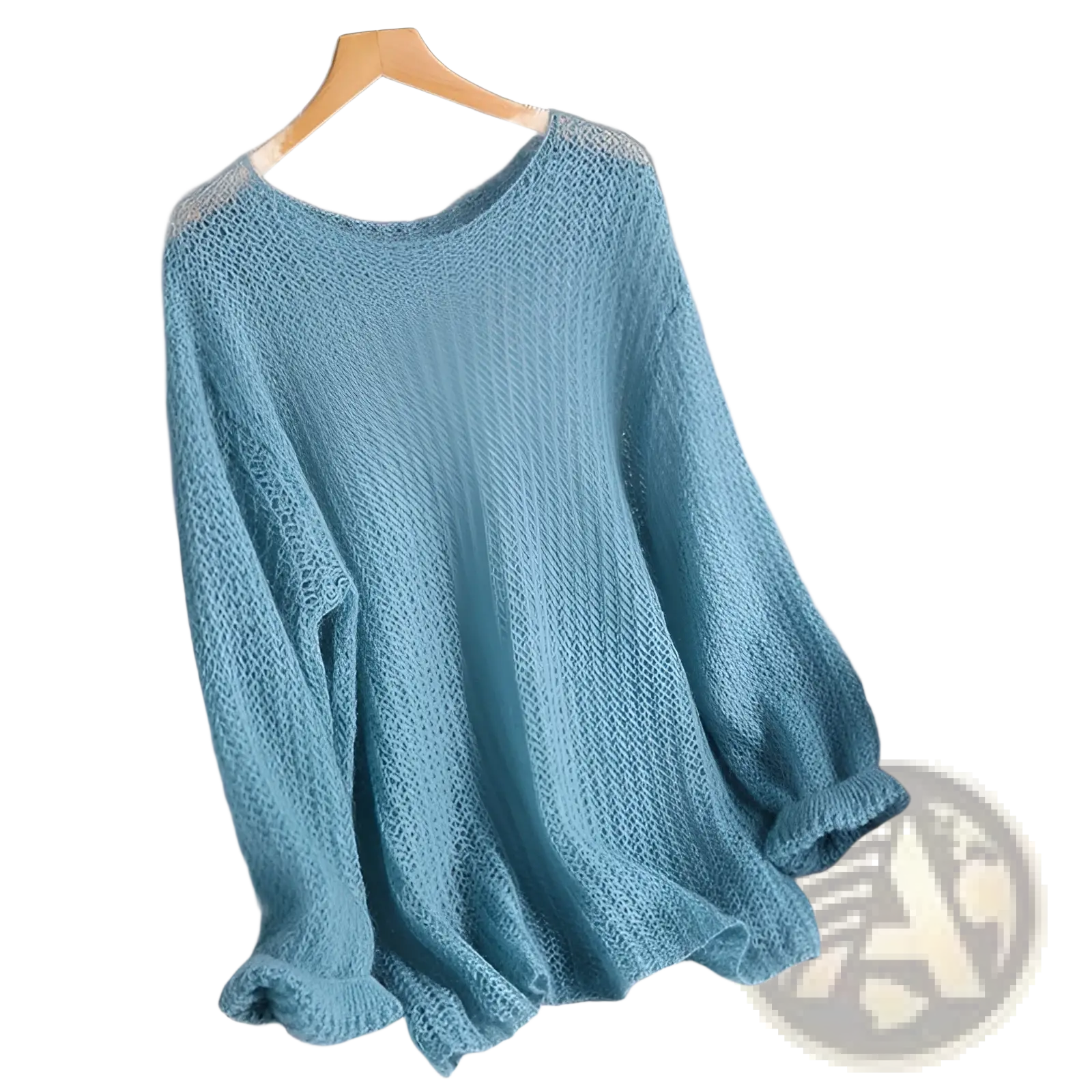A soft light blue open-knit pullover blouse style knit top with a loose fit and long sleeves made of knit material