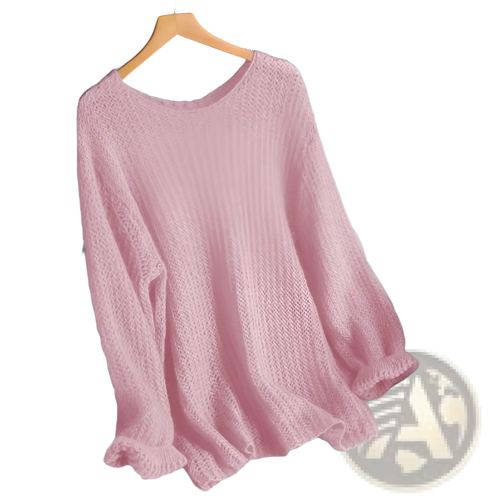 A soft light pink open-knit pullover blouse style knit top with loose fit and ruffled cuffs on wooden hanger