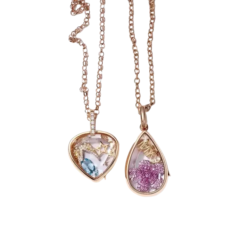 Open pendant necklace for women girls simple fashion featuring rose gold chain with heart and teardrop transparent pendants
