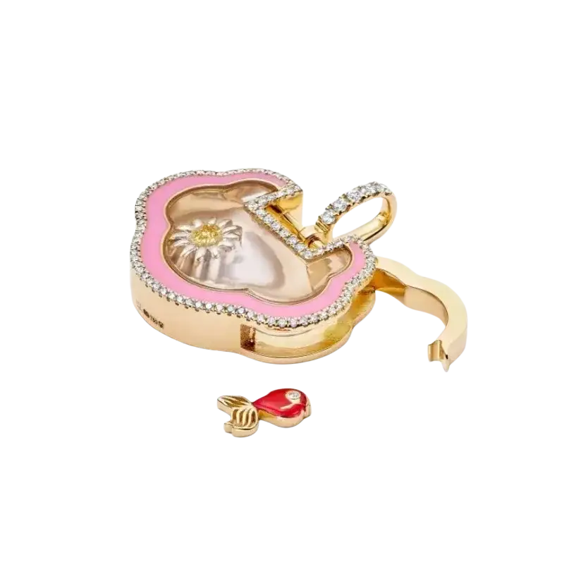 Open pendant necklace for women girls simple fashion featuring a gold-toned teacup locket with pink enamel and diamonds