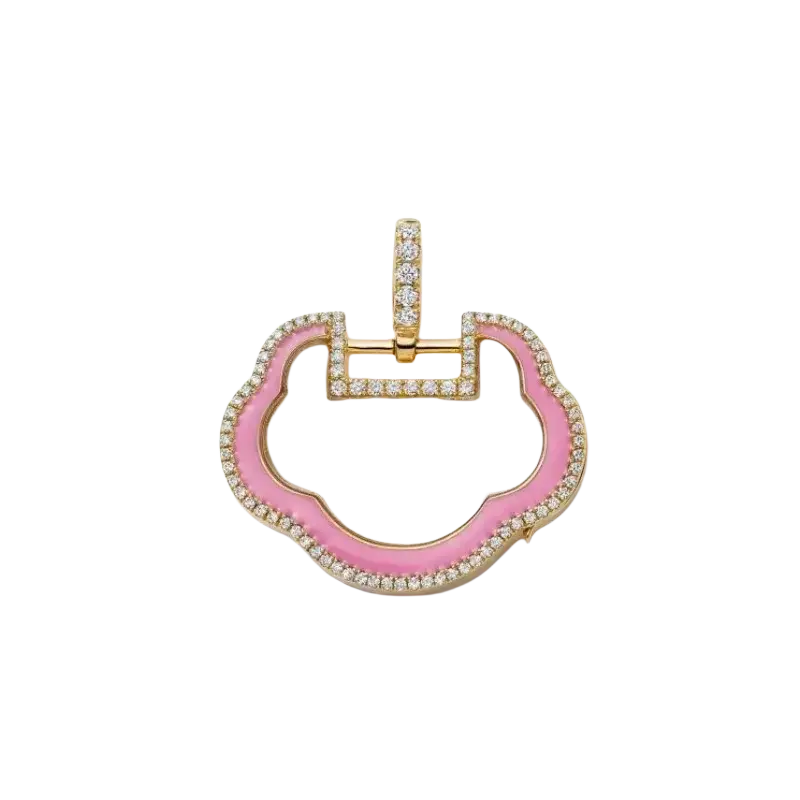Delicate pink enamel and gold open pendant necklace with diamond accents for women girls simple fashion