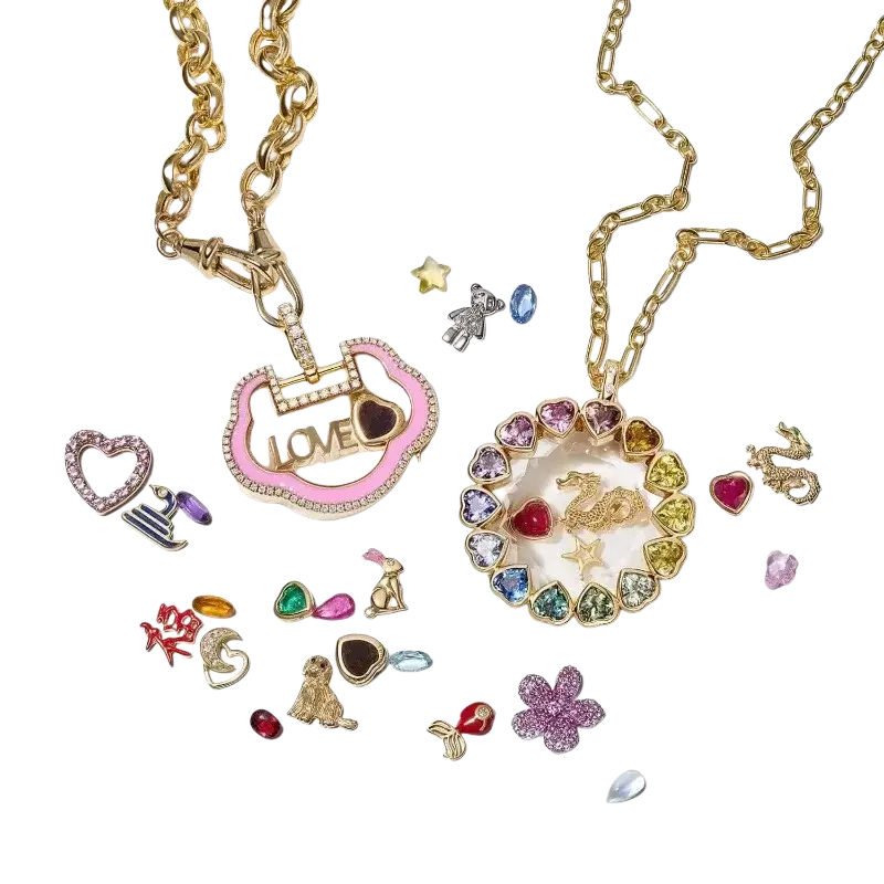 Gold chain open pendant necklace for women girls simple fashion with pink enamel heart love pendant and clear crystals