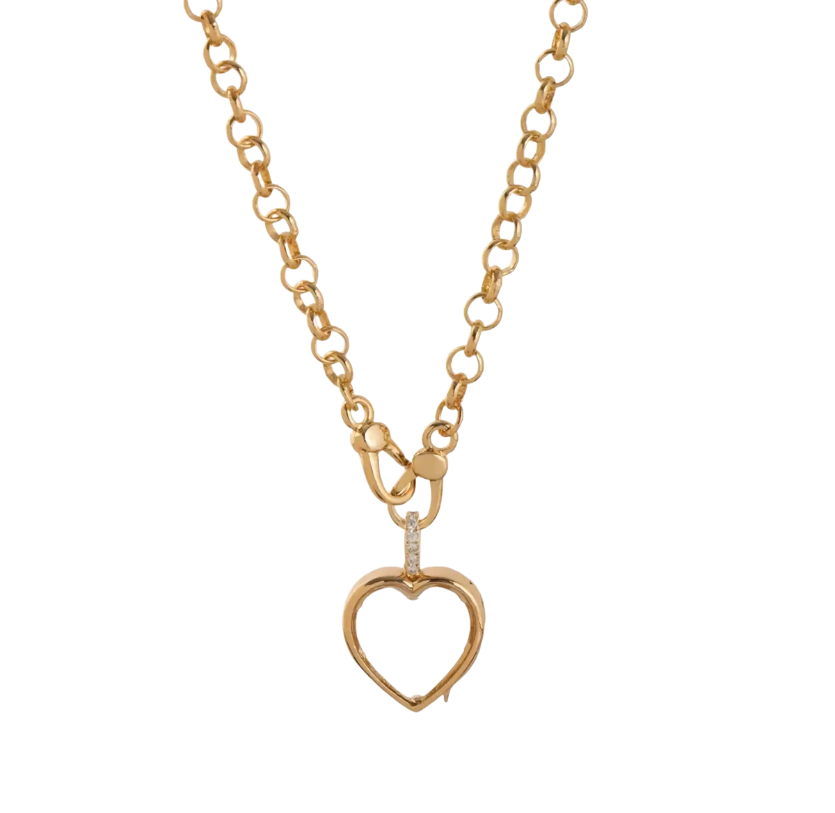 Gold heart-shaped open pendant necklace for women girls simple fashion with clear faceted stone and diamond accents