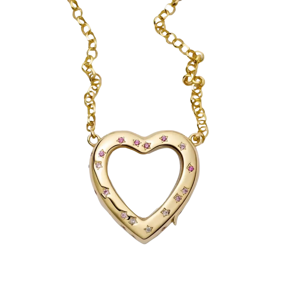 Gold heart-shaped open pendant necklace for women girls simple fashion with clear window and pink star gemstones