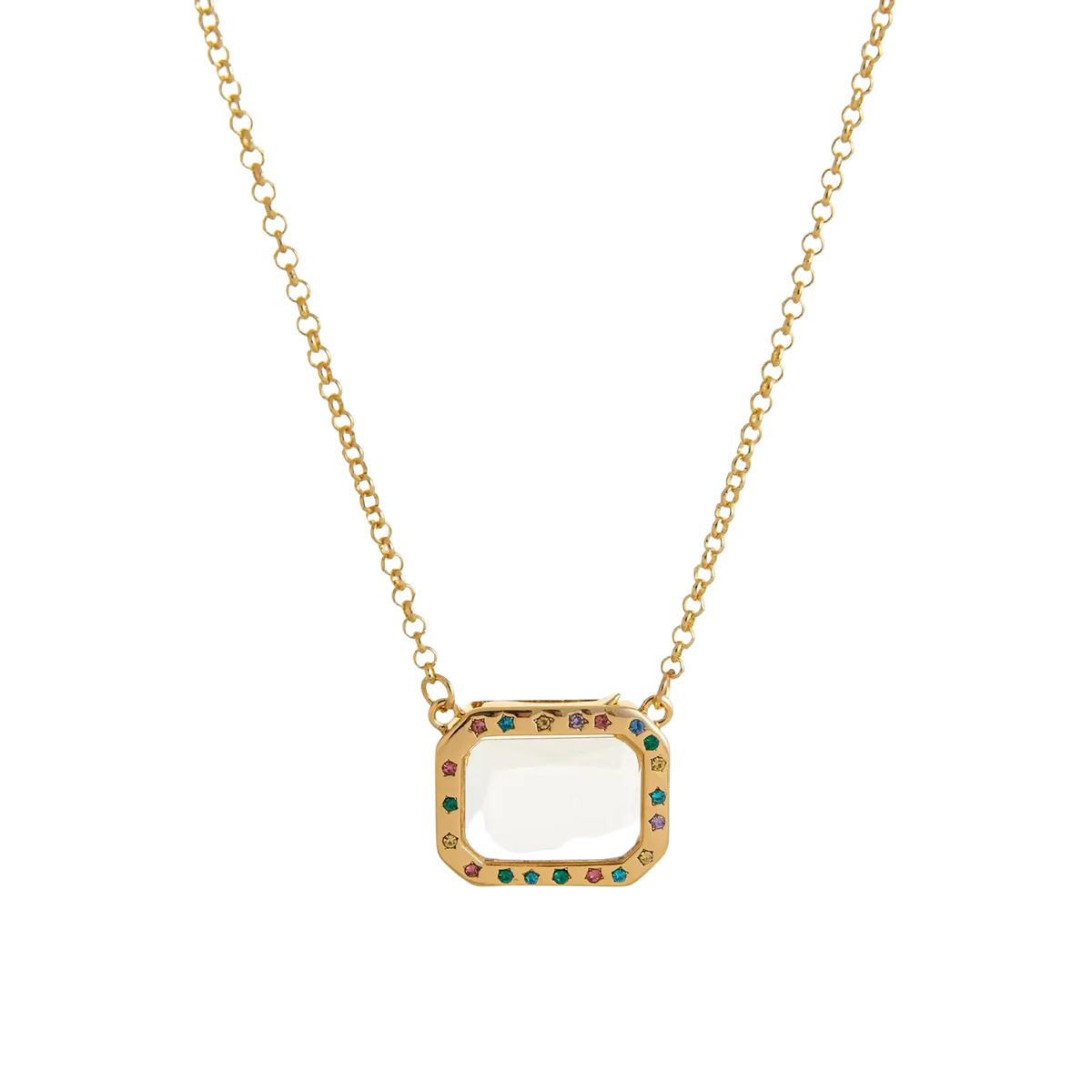 Gold open pendant necklace for women girls simple fashion with white translucent stone and multicolored gemstones