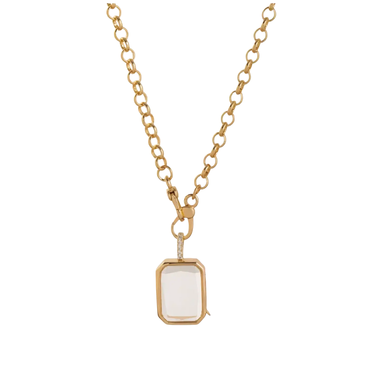 Gold-toned open pendant necklace for women girls simple fashion featuring a rectangular translucent white gemstone with diamond bail