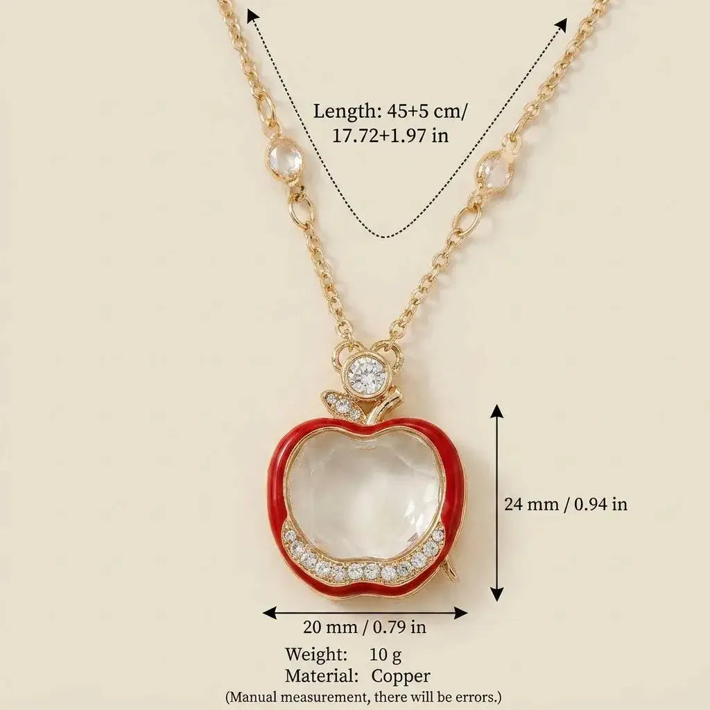 Gold-toned open pendant necklace with red enamel apple shape clear crystal center and diamond accents for women girls simple fashion