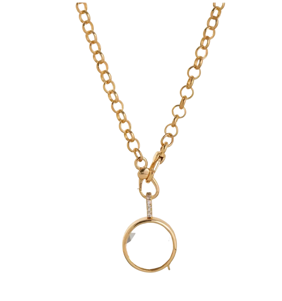 Gold-toned open pendant necklace for women girls simple featuring clear quartz bezel pendant with diamond accents