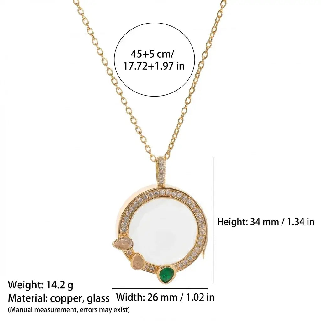 Gold-toned open pendant necklace for women girls simple fashion with clear glass center and emerald rose quartz accents