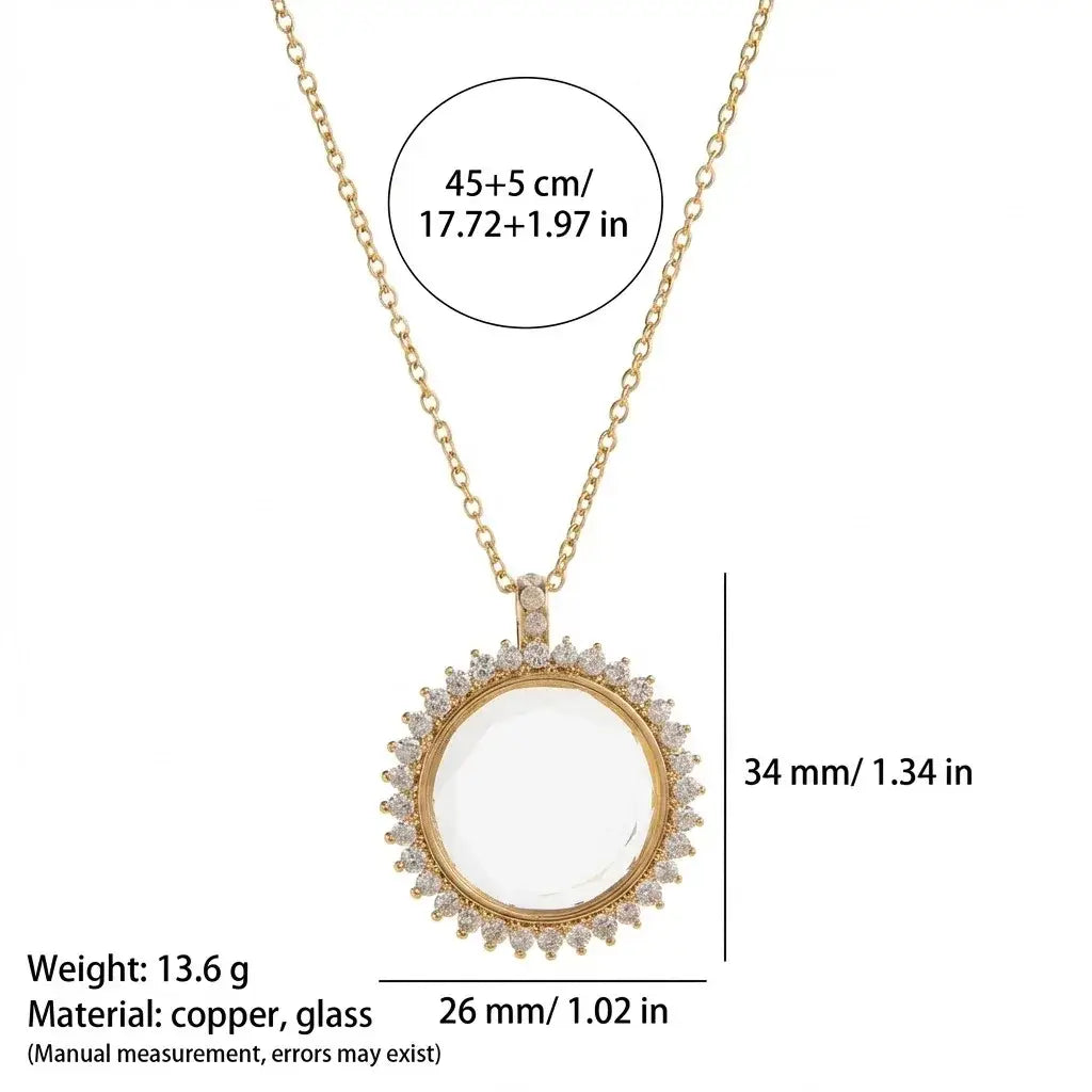 Gold-toned open pendant necklace for women girls simple fashion with circular glass center and diamond halo set in copper