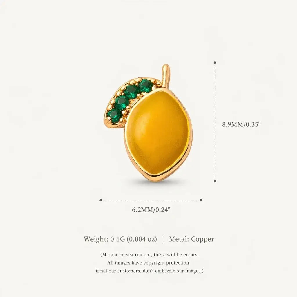 Gold-toned copper lemon charm with green gemstone leaves and amber enamel on open pendant necklace for women girls simple fashion