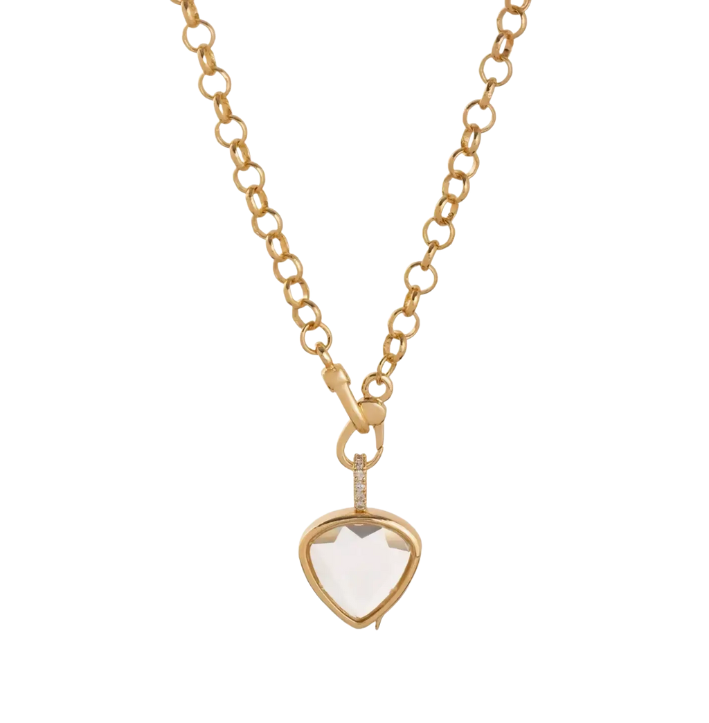 Gold-toned open pendant necklace for women girls simple fashion featuring heart-shaped clear quartz with diamond accent