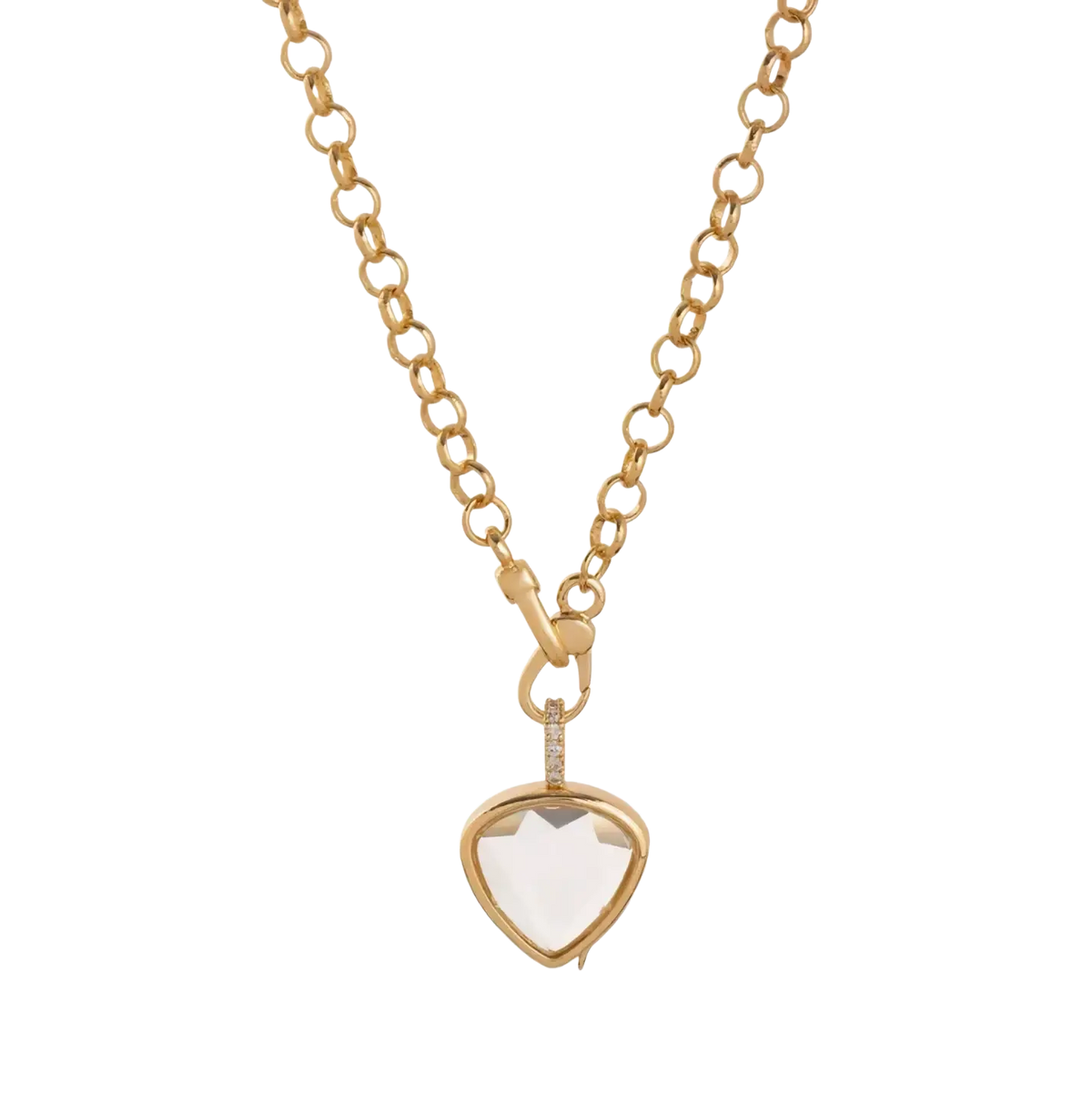Gold-toned open pendant necklace for women girls simple fashion featuring heart-shaped clear quartz with diamond accent