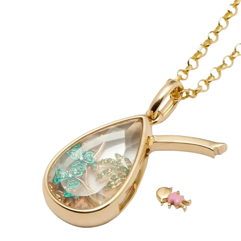 Gold-toned open pendant necklace for women girls simple fashion with teardrop locket containing turquoise green butterflies