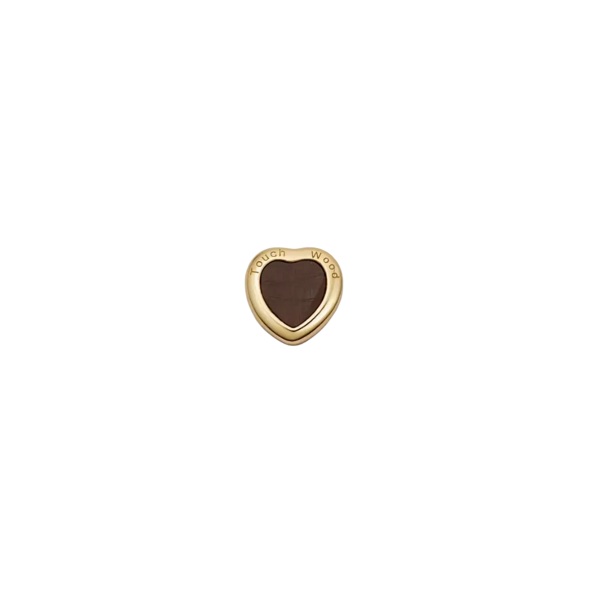 A heart-shaped open pendant necklace for women girls simple fashion with gold-tone metal frame and dark brown wooden center engraved touch wood