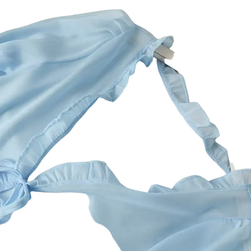 Light blue open stitch sheer cardigan blouse with delicate ruffled edges and soft flowing texture for women