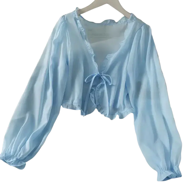 Light blue open stitch sheer long-sleeved crop top with ruffled neckline and tied waist for women