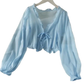 Light blue open stitch sheer long-sleeved crop top with ruffled neckline and tied waist for women