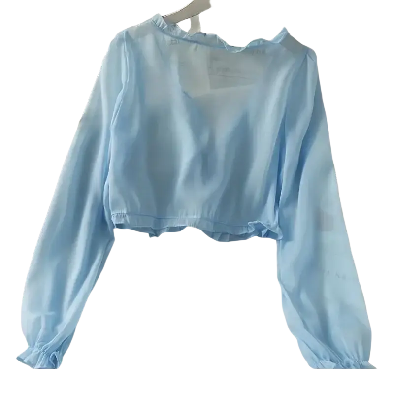 Light blue open stitch sheer long-sleeved crop top with ruffled hem and cuffs for women