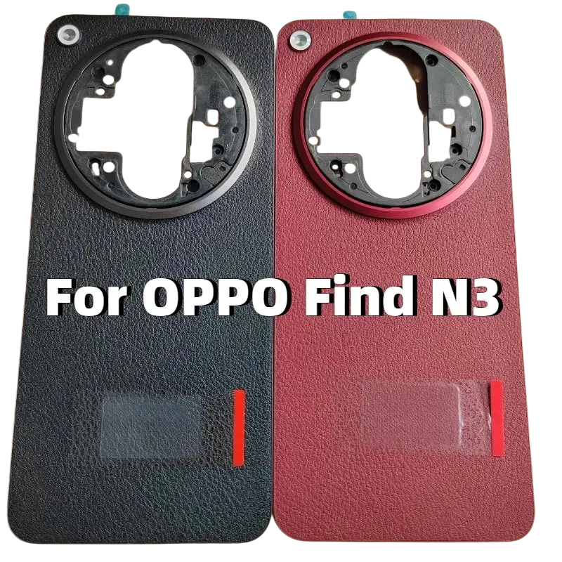 Back side of black and red leather textured Oppo Find N3 smartphone back cover glass replacement with metallic camera rims