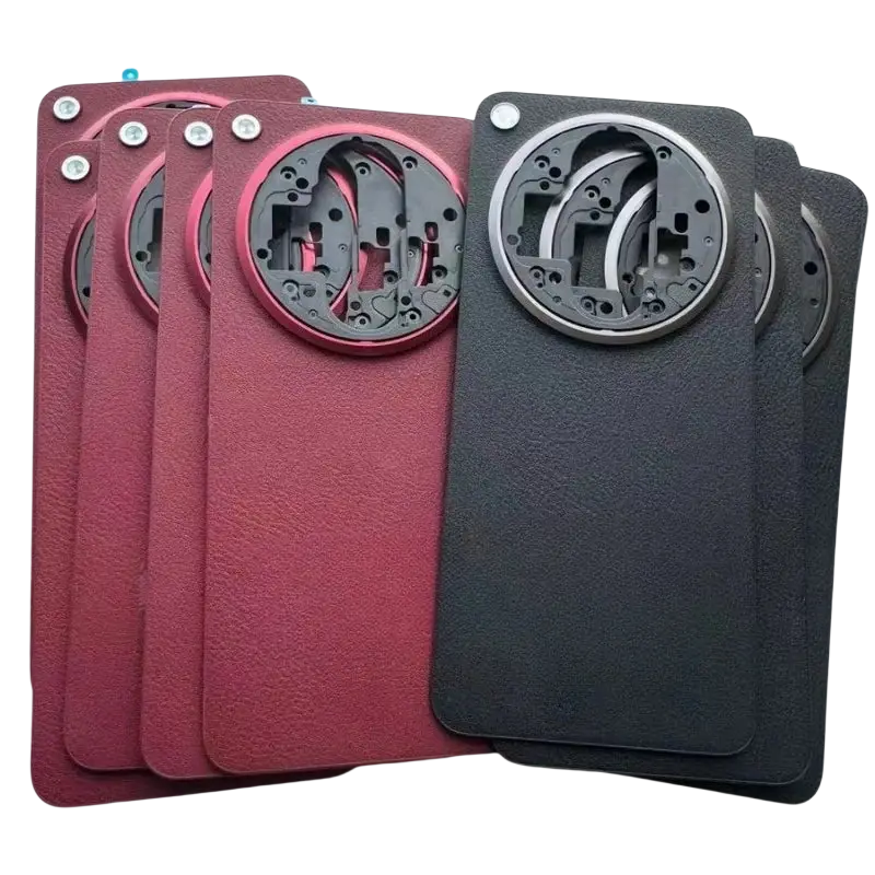Back side of red and black leather phone back covers with circular metal camera cutouts for oppo find n3 replacement