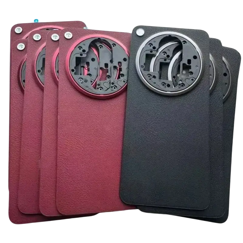 Oppo find n3 leather back cover in red and black with built-in adhesive tape and circular metal camera cutouts back side view