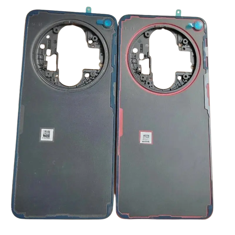 Two black Oppo Find N3 leather back cover glass replacements with circular cutouts and red or blue trim, showing internal components