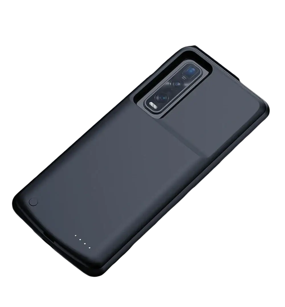 Black sleek battery cover case for oppo find x2 pro with matte finish and integrated power bank charging indicator lights