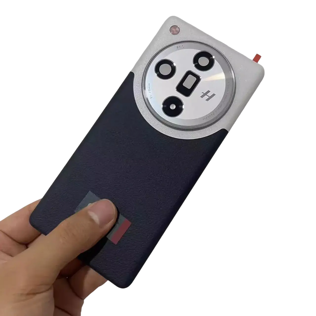 Back side of sleek navy blue leather oppo find x7 smartphone showing silver circular camera for cover repair replace door
