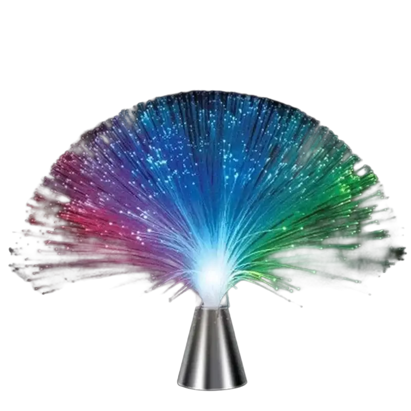 A vibrant multi-colored optic fiber led atmosphere light with cycle flashing and a sleek metallic base
