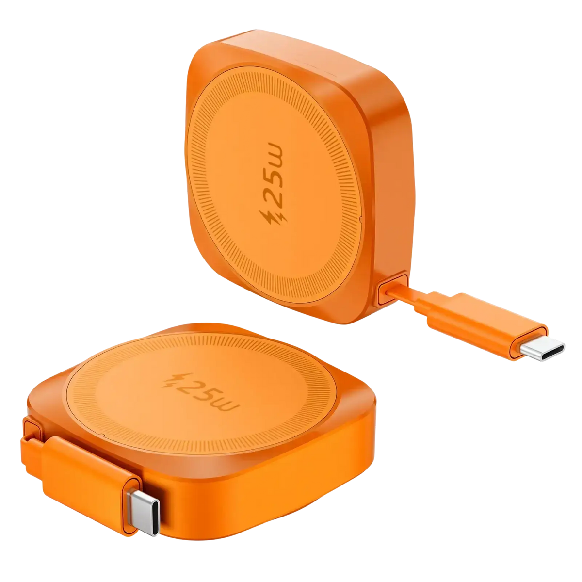 Orange 25w magnetic wireless charger for iPhone with sleek rounded rectangular design and smooth plastic casing cable roll