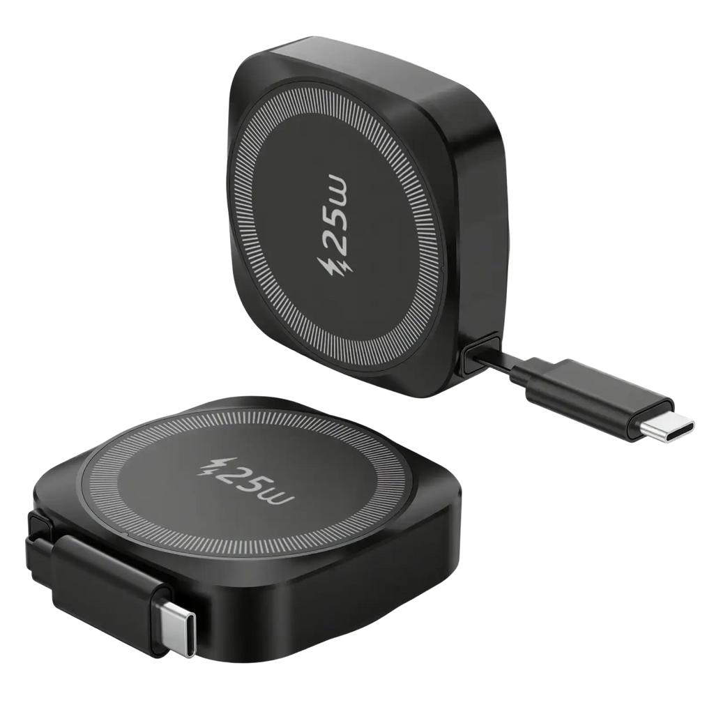 Black 25w magnetic wireless charger with retractable usb-c cable designed for iphone charging use