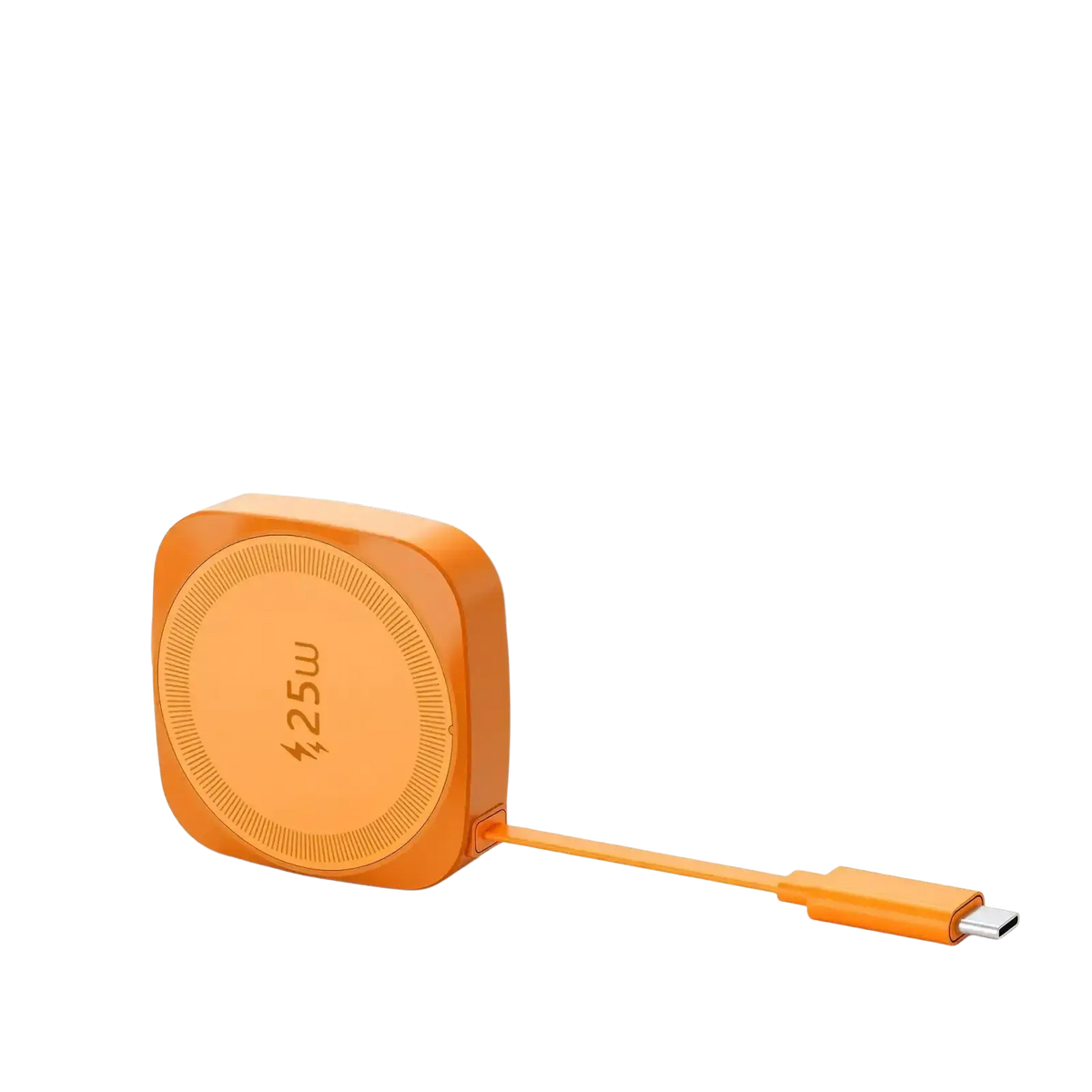 Orange 25w magnetic wireless charger for iphone with portable usb-c charger and retractable cable in orange color