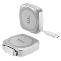Silver 25w wireless charger with sleek rounded rectangular design and integrated usb-c cable for iphone magnetic wireless charging