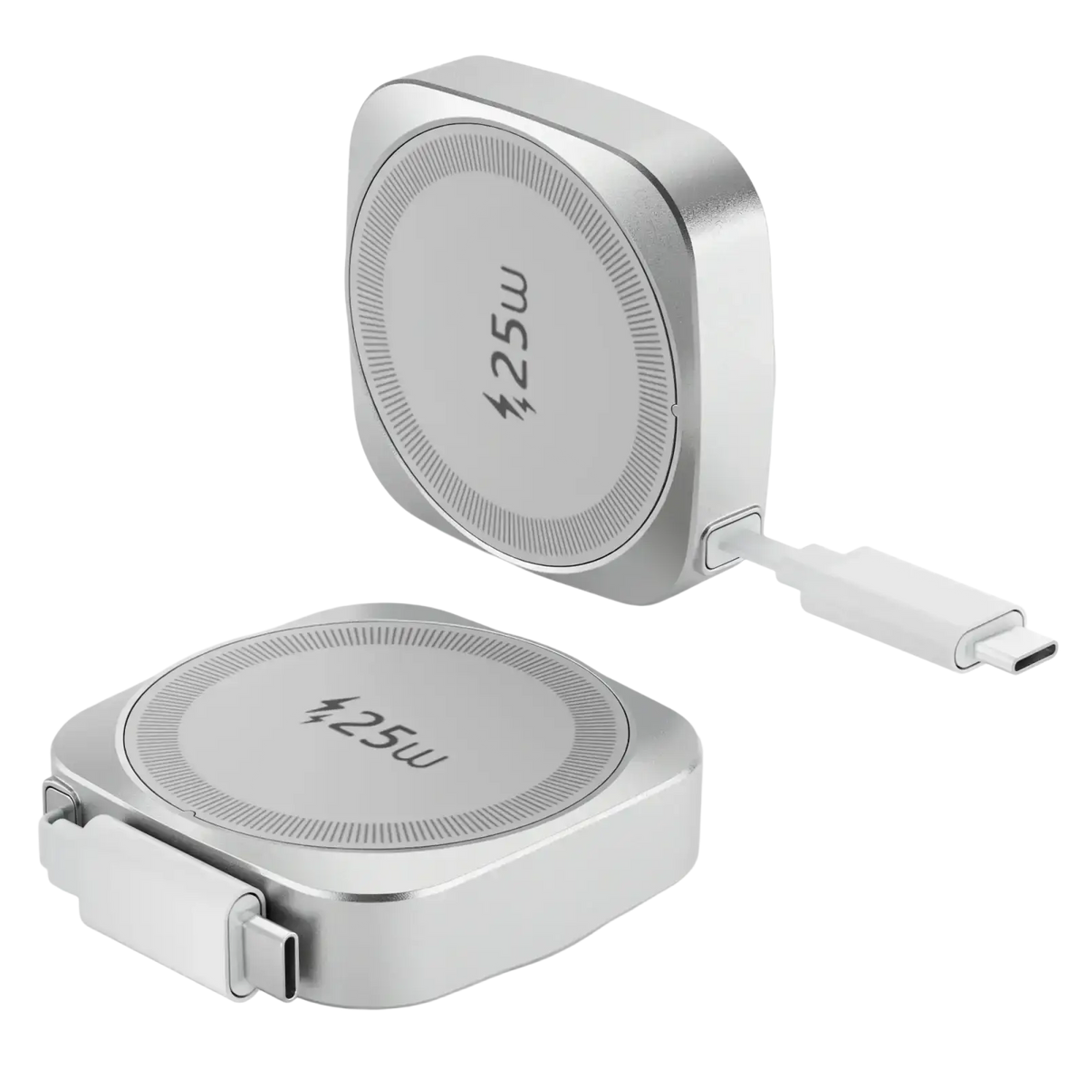 Silver 25w wireless charger with sleek rounded rectangular design and integrated usb-c cable for iphone magnetic wireless charging