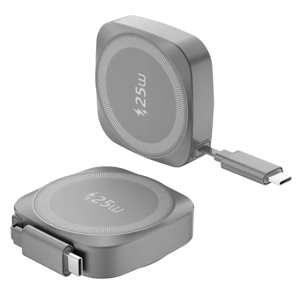 Silver 25w magnetic wireless charger with retractable usb-c cable for iphone in orange 25w wireless charger series