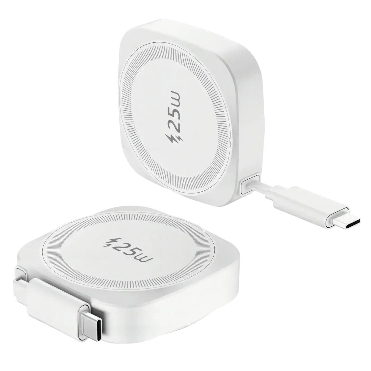White 25w wireless charger with retractable usb-c cable designed as a magnetic wireless charger for iPhone use