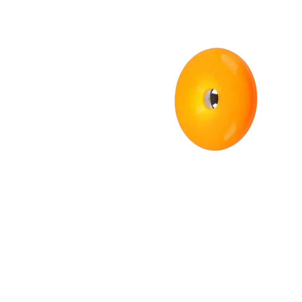 Vibrant orange acrylic wall light with glossy finish and central reflective element featuring adjustable brightness