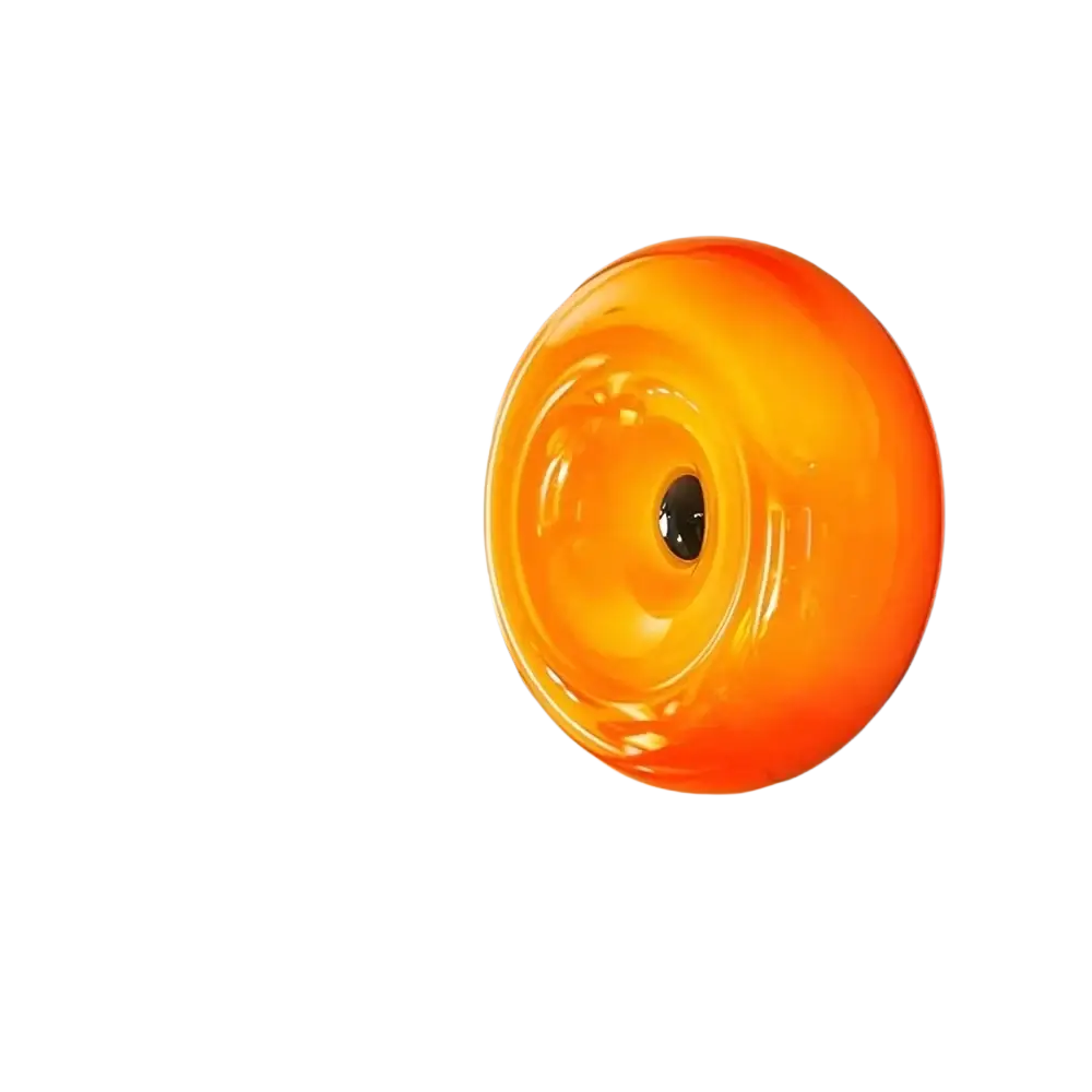 Vibrant orange acrylic wall light with glossy glass and circular eye-like design featuring adjustable brightness