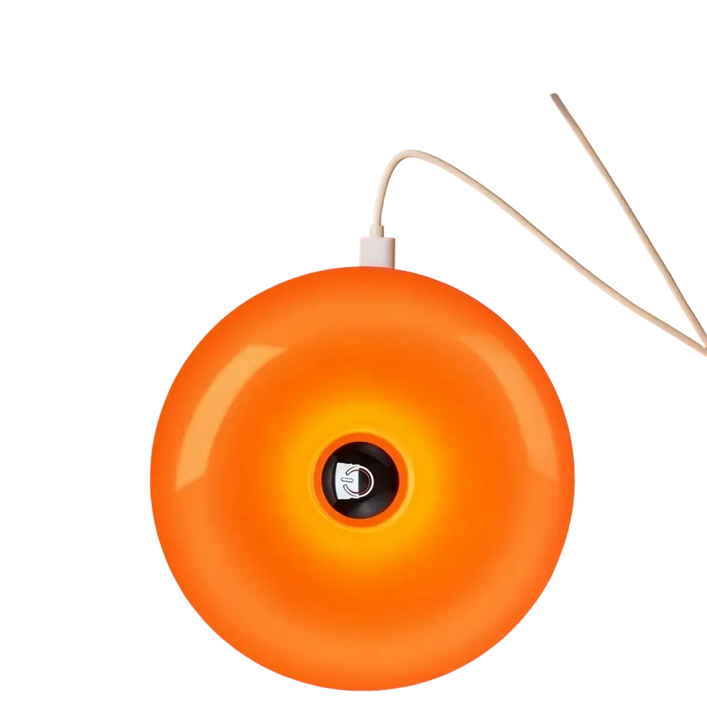 Vibrant orange acrylic touch wall light with adjustable brightness glossy donut shape and white charging cable