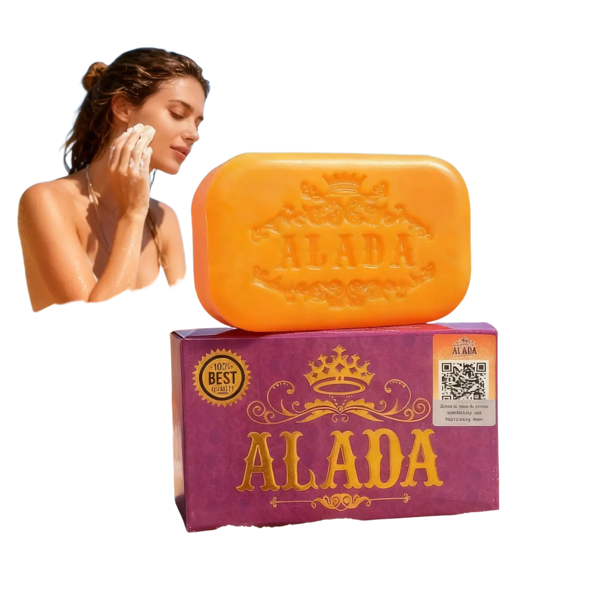 Orange alada cleansing soap bar with embossed crown on purple box for skin feeling bright and refreshed